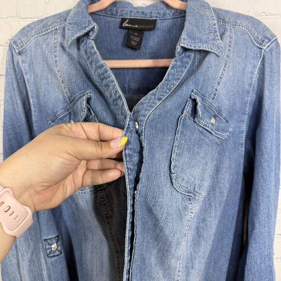 Lane Bryant Blouse Denim Women Size 24 Snap Button Chambray Roll Tab Sleeve Top - Picture 5 of 9